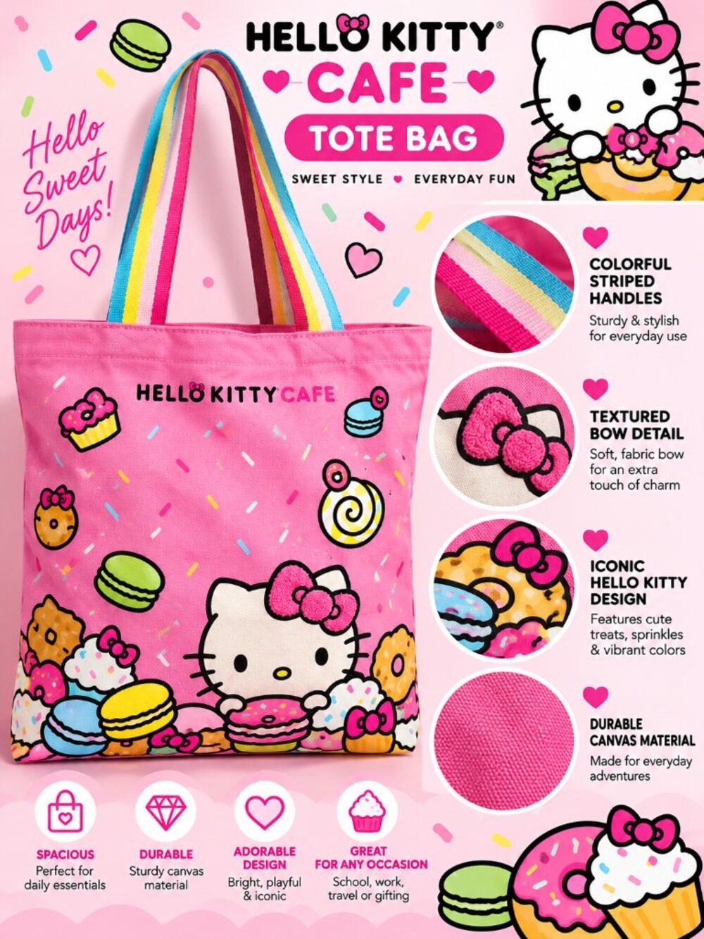 Hello Kitty Cafe Sanrio Pink Sweet Treats Rainbow Handle Tote Bag